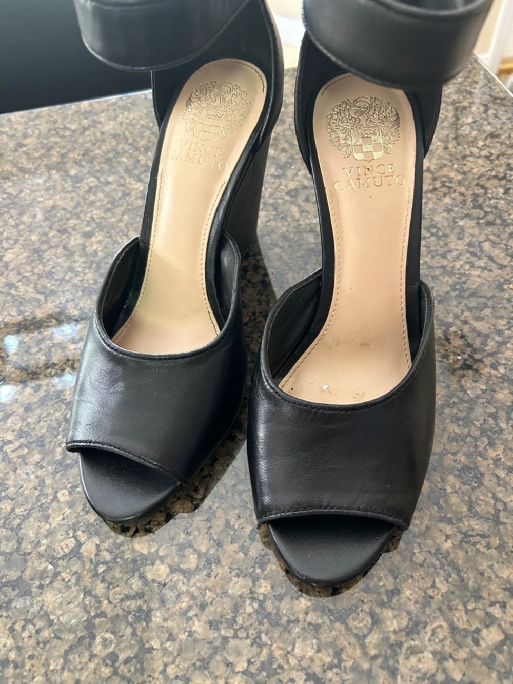 Vince Camuto Black Leather Peep-Toe Wedge Heels